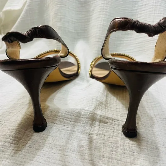 MANOLO BLAHNIK Crystal Embellished Slingback Kitten Heel Bronze BEADED Sandals