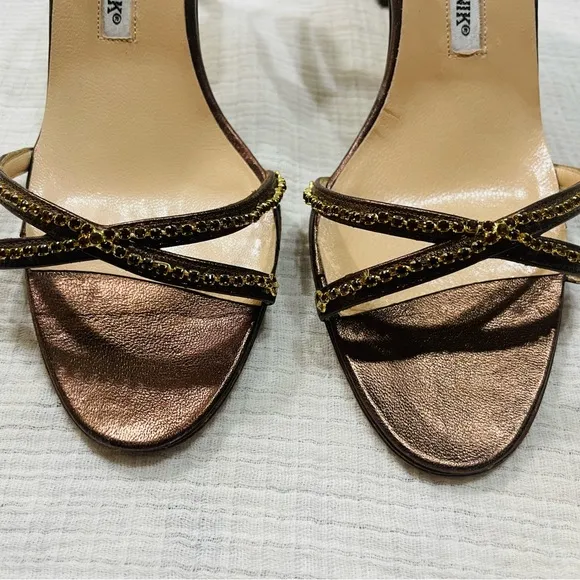 MANOLO BLAHNIK Crystal Embellished Slingback Kitten Heel Bronze BEADED Sandals