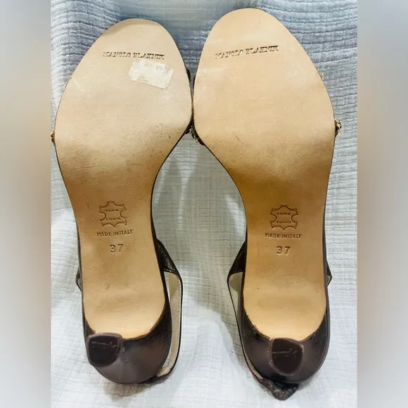 MANOLO BLAHNIK Crystal Embellished Slingback Kitten Heel Bronze BEADED Sandals