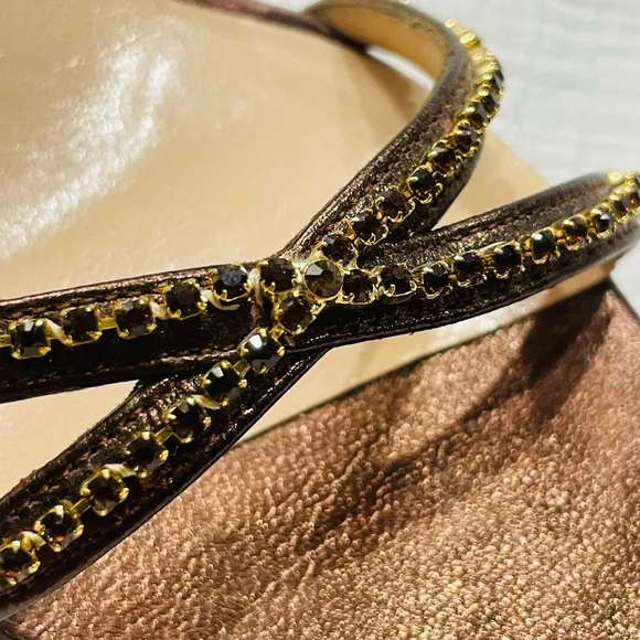 MANOLO BLAHNIK Crystal Embellished Slingback Kitten Heel Bronze BEADED Sandals
