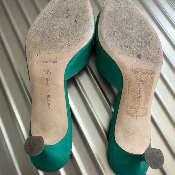 Manolo Blahnik Green Satin Heels with Kitten Heel