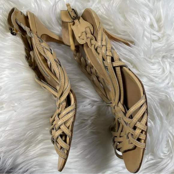 Manolo Blahnik Huarache Light Tan Slingback Stiletto Heels
