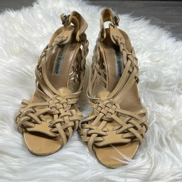 Manolo Blahnik Huarache Light Tan Slingback Stiletto Heels