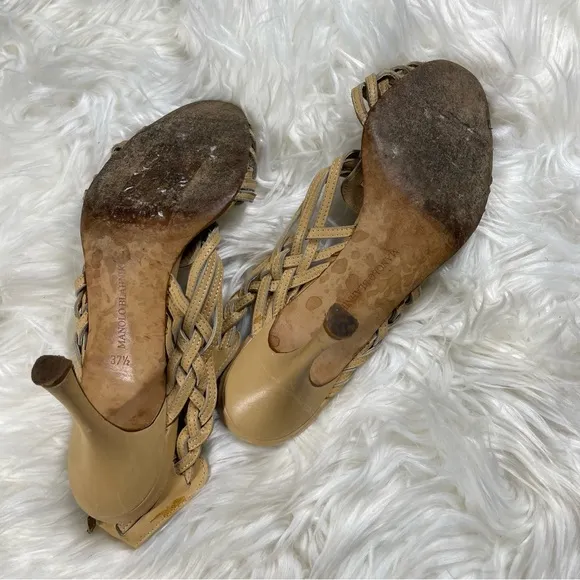 Manolo Blahnik Huarache Light Tan Slingback Stiletto Heels