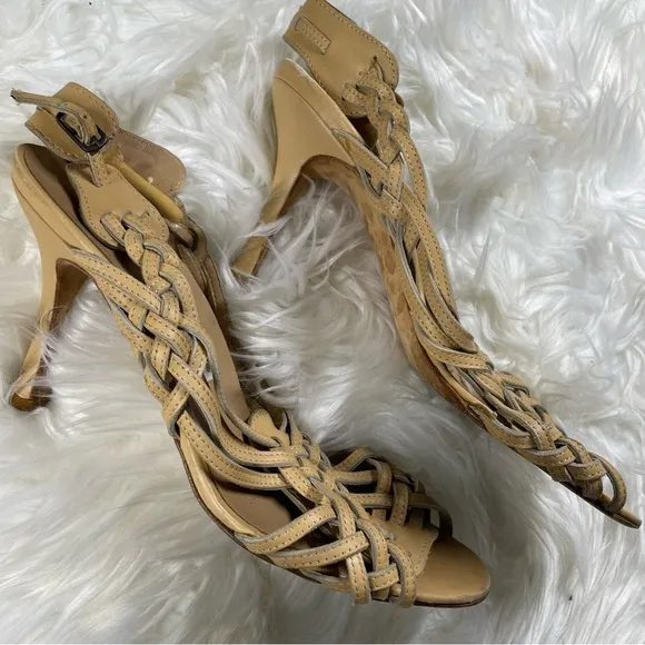 Manolo Blahnik Huarache Light Tan Slingback Stiletto Heels