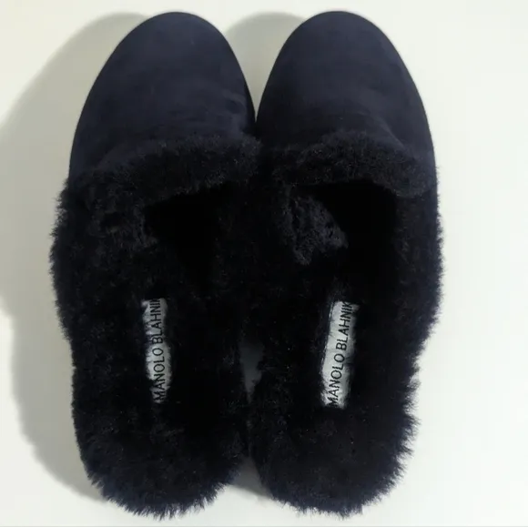 Manolo Blahnik Mariamu Italy Suede Leather Shearling Slipper Mules 5