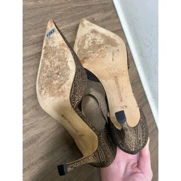 Manolo Blahnik Pattern Print Kitten Heels Sz 36.5