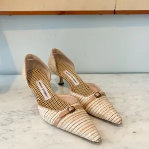 Manolo Blahnik Rattan Buckle Pointed Toe Kitten Heels Size 10.5 EUC