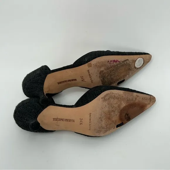 MANOLO BLAHNIK Size 34.5 (IT) 4.5 (US) Black Tweed (Fabric) Kitten Heels EUC