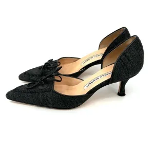 MANOLO BLAHNIK Size 34.5 (IT) 4.5 (US) Black Tweed (Fabric) Kitten Heels EUC