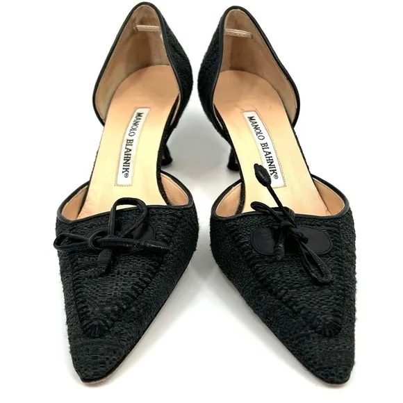 MANOLO BLAHNIK Size 34.5 (IT) 4.5 (US) Black Tweed (Fabric) Kitten Heels EUC