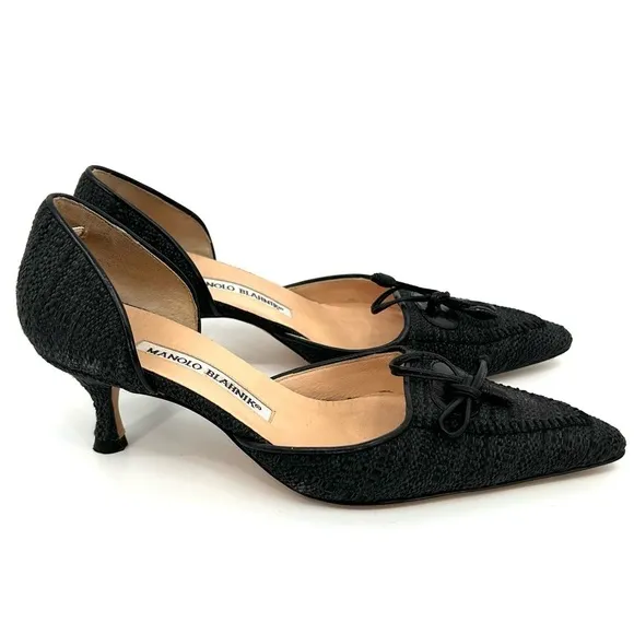MANOLO BLAHNIK Size 34.5 (IT) 4.5 (US) Black Tweed (Fabric) Kitten Heels EUC