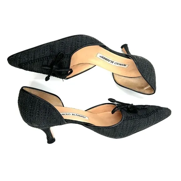 MANOLO BLAHNIK Size 34.5 (IT) 4.5 (US) Black Tweed (Fabric) Kitten Heels EUC