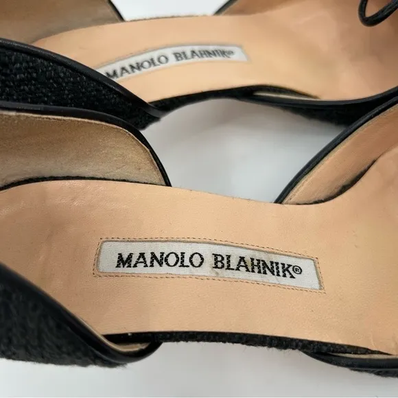MANOLO BLAHNIK Size 34.5 (IT) 4.5 (US) Black Tweed (Fabric) Kitten Heels EUC