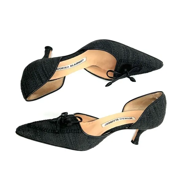 MANOLO BLAHNIK Size 34.5 (IT) 4.5 (US) Black Tweed (Fabric) Kitten Heels EUC