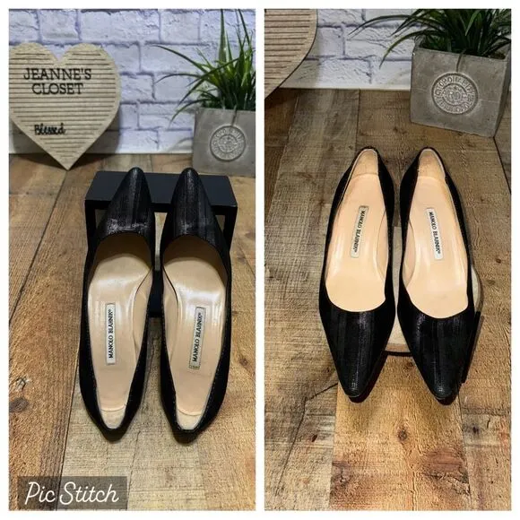 Manolo blahnik black kitten heel pointed toe pumps