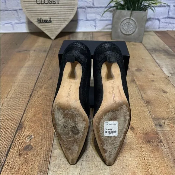 Manolo blahnik black kitten heel pointed toe pumps