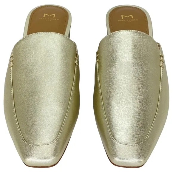 Marc Fisher LTD Pam Gold Leather Metallic Leather Womens Flat Mules Size 6M