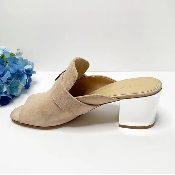 Marc Fisher Mfrima Blush Suede Slides mules Mirrored heel size 10 neutral slip