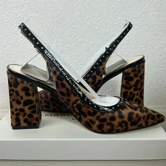 Marc Fisher Women’s Joily Brown Black Animal Print Slingback Block Heels…