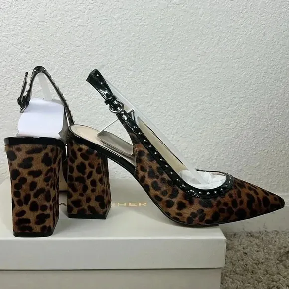 Marc Fisher Women’s Joily Brown Black Animal Print Slingback Block Heels…