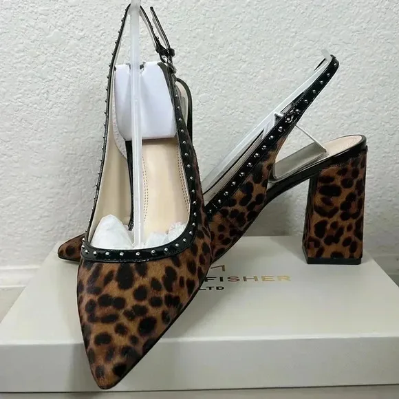 Marc Fisher Women’s Joily Brown Black Animal Print Slingback Block Heels…