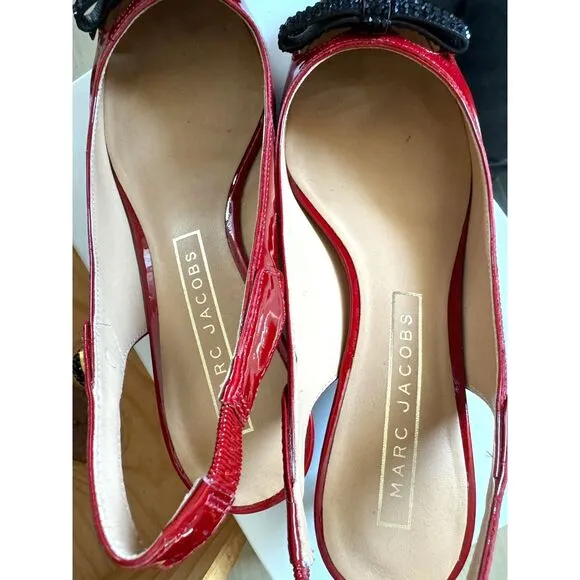 Marc Jacobs Red Patent Leather Sling Back Kitten Heels Size EU 37.5 = US 7