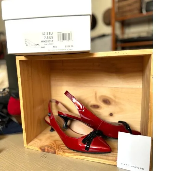 Marc Jacobs Red Patent Leather Sling Back Kitten Heels Size EU 37.5 = US 7