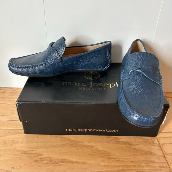 Marc Joseph NIB Blue Pebble Leather Loafer 7 Plymouth Twisted Driver Rubber Sole