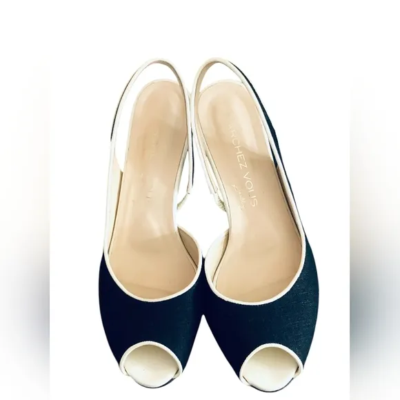 Marchez Vous XO Yeardley Chic Black and White Slingback Heels with Peep-Toe