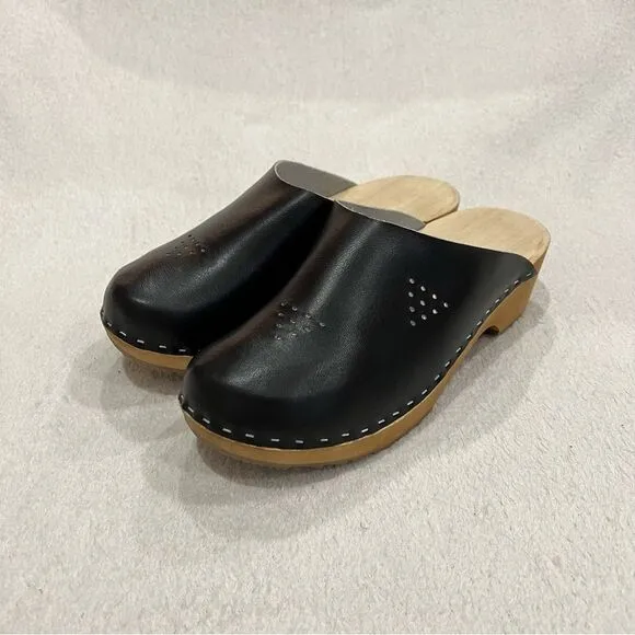 Marcus Black Leather Wooden Swedish Clogs Size 36