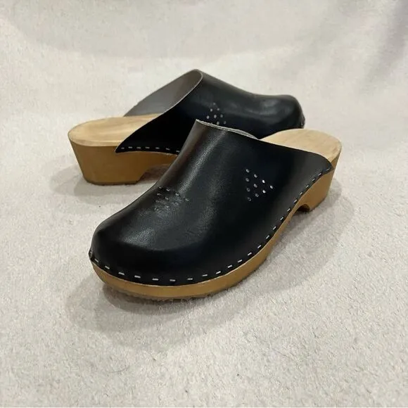 Marcus Black Leather Wooden Swedish Clogs Size 36