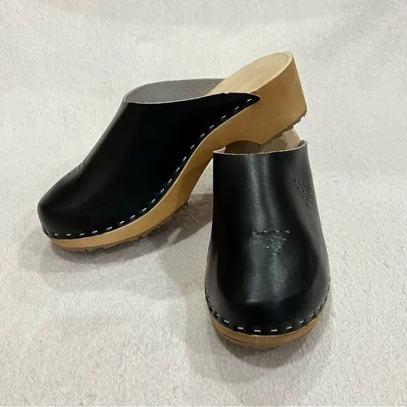 Marcus Black Leather Wooden Swedish Clogs Size 36