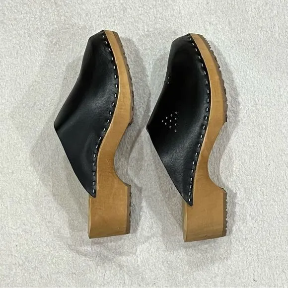 Marcus Black Leather Wooden Swedish Clogs Size 36