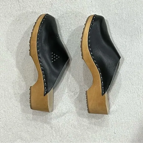 Marcus Black Leather Wooden Swedish Clogs Size 36
