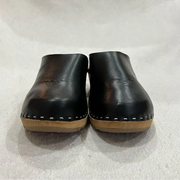Marcus Black Leather Wooden Swedish Clogs Size 36