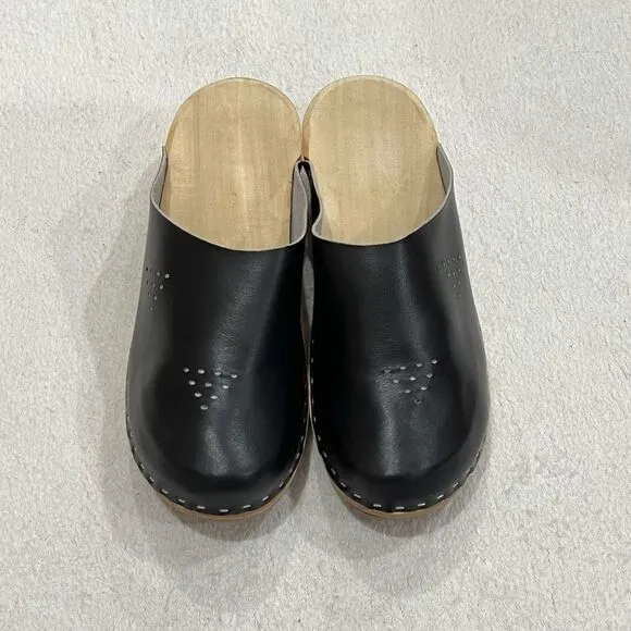 Marcus Black Leather Wooden Swedish Clogs Size 36