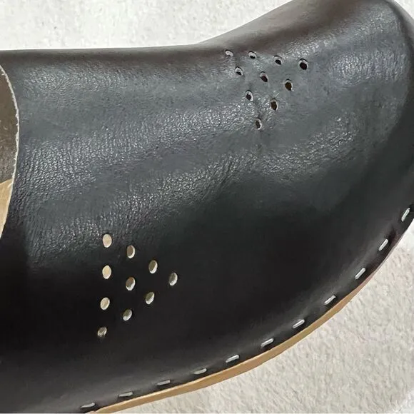 Marcus Black Leather Wooden Swedish Clogs Size 36
