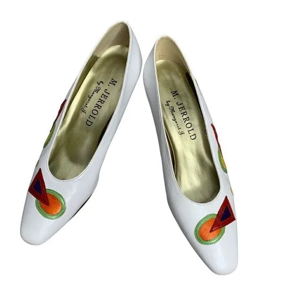 Margaret Jerrold Vintage 1980s Geometric White Kitten Heels | Size 7.5N