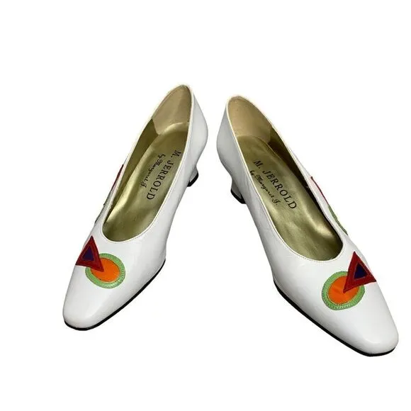Margaret Jerrold Vintage 1980s Geometric White Kitten Heels | Size 7.5N