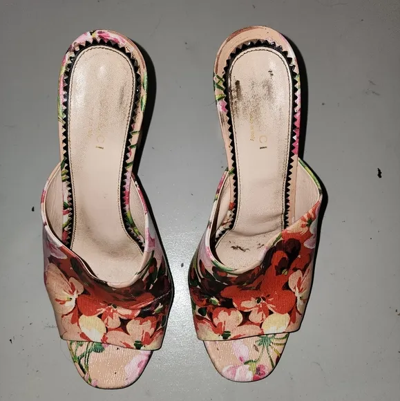 Marine Floral-Print Leather Mules