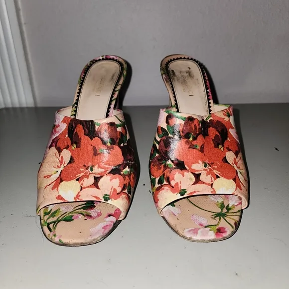Marine Floral-Print Leather Mules