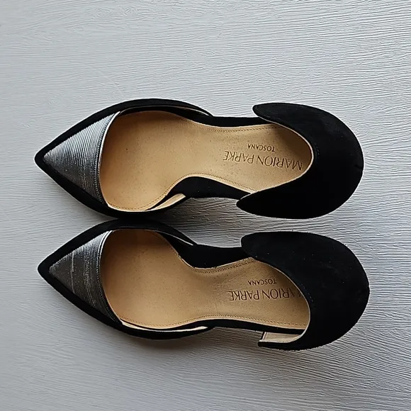 Marion Parke Black Suede Gunmetal Leather D'orsay Kitten Heels 37/ 6.5-7 NWOT