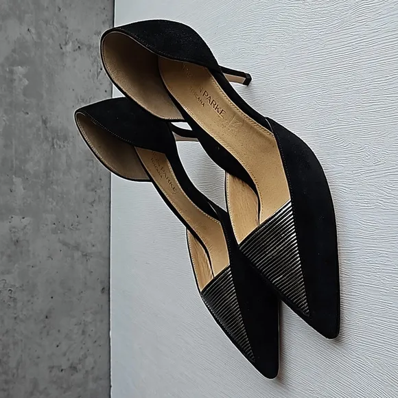 Marion Parke Black Suede Gunmetal Leather D'orsay Kitten Heels 37/ 6.5-7 NWOT
