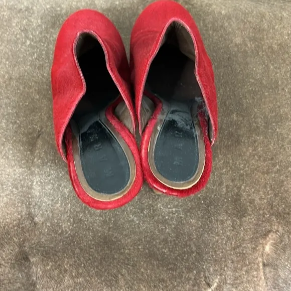 Marni Red Ponyhair Wood Platform Mules