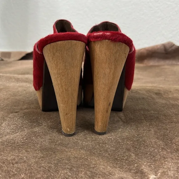 Marni Red Ponyhair Wood Platform Mules