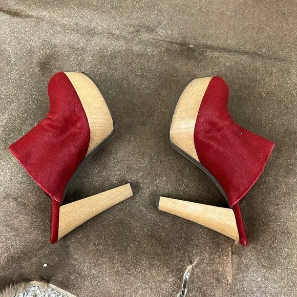 Marni Red Ponyhair Wood Platform Mules
