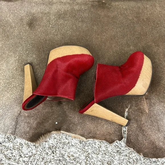 Marni Red Ponyhair Wood Platform Mules