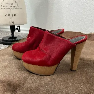 Marni Red Ponyhair Wood Platform Mules