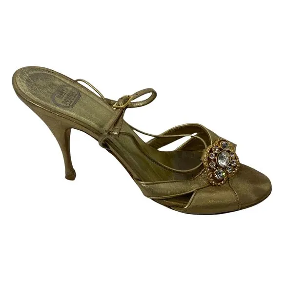 Mary Norton Italian Heels Gold Leather Rhinestone Crystal Slingback Sandal Sz 6